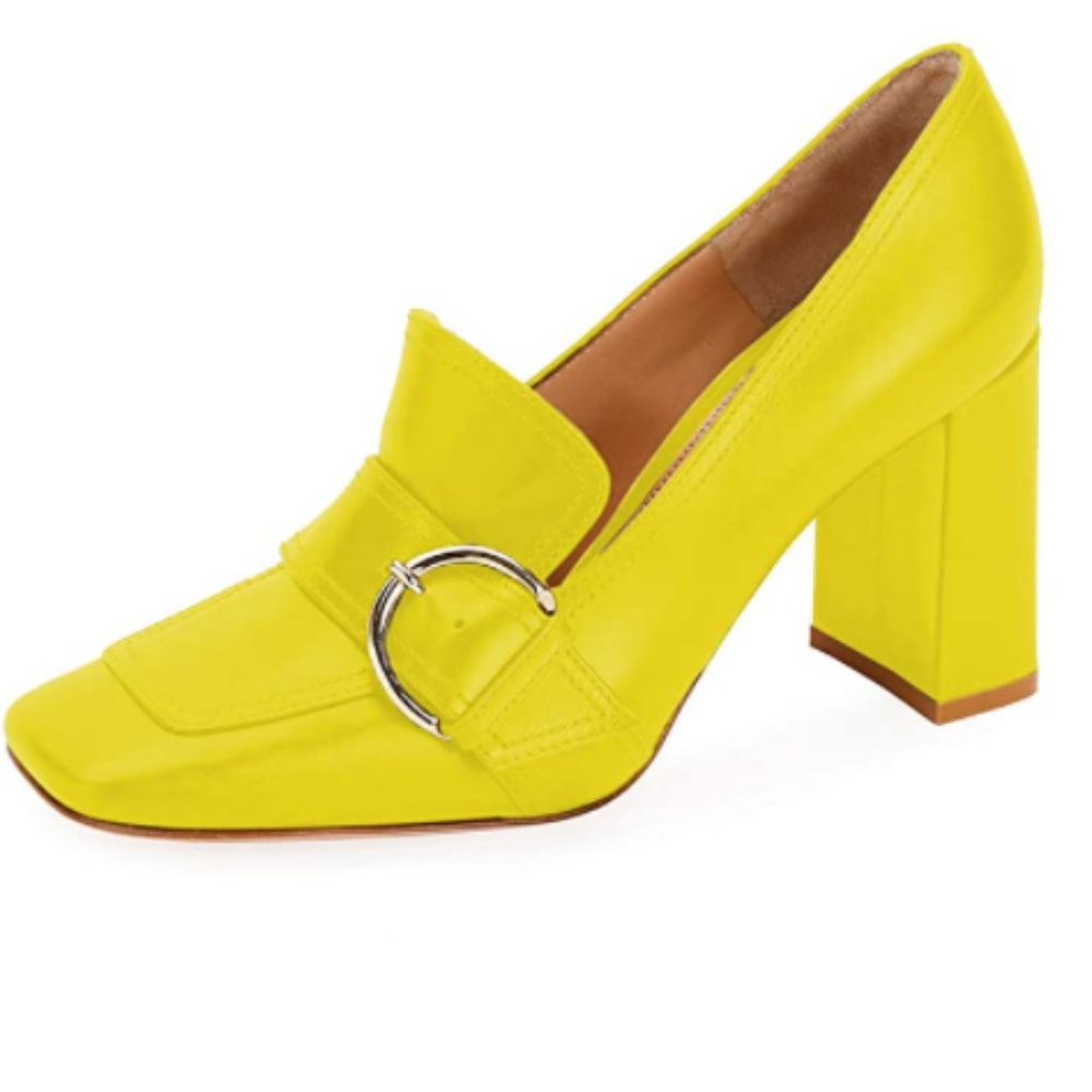 YDNChunky High Heel Square Toe Loafer Shoes Pumps with Buckle Shoes